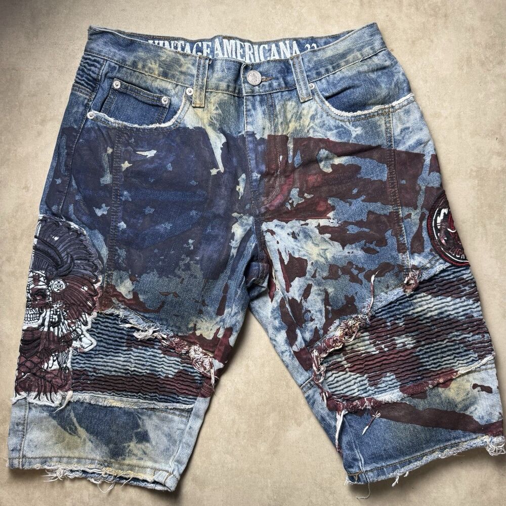 Vintage Americana Distressed Denim Shorts Men’s 32 Flag Patchwork Graphic Grunge